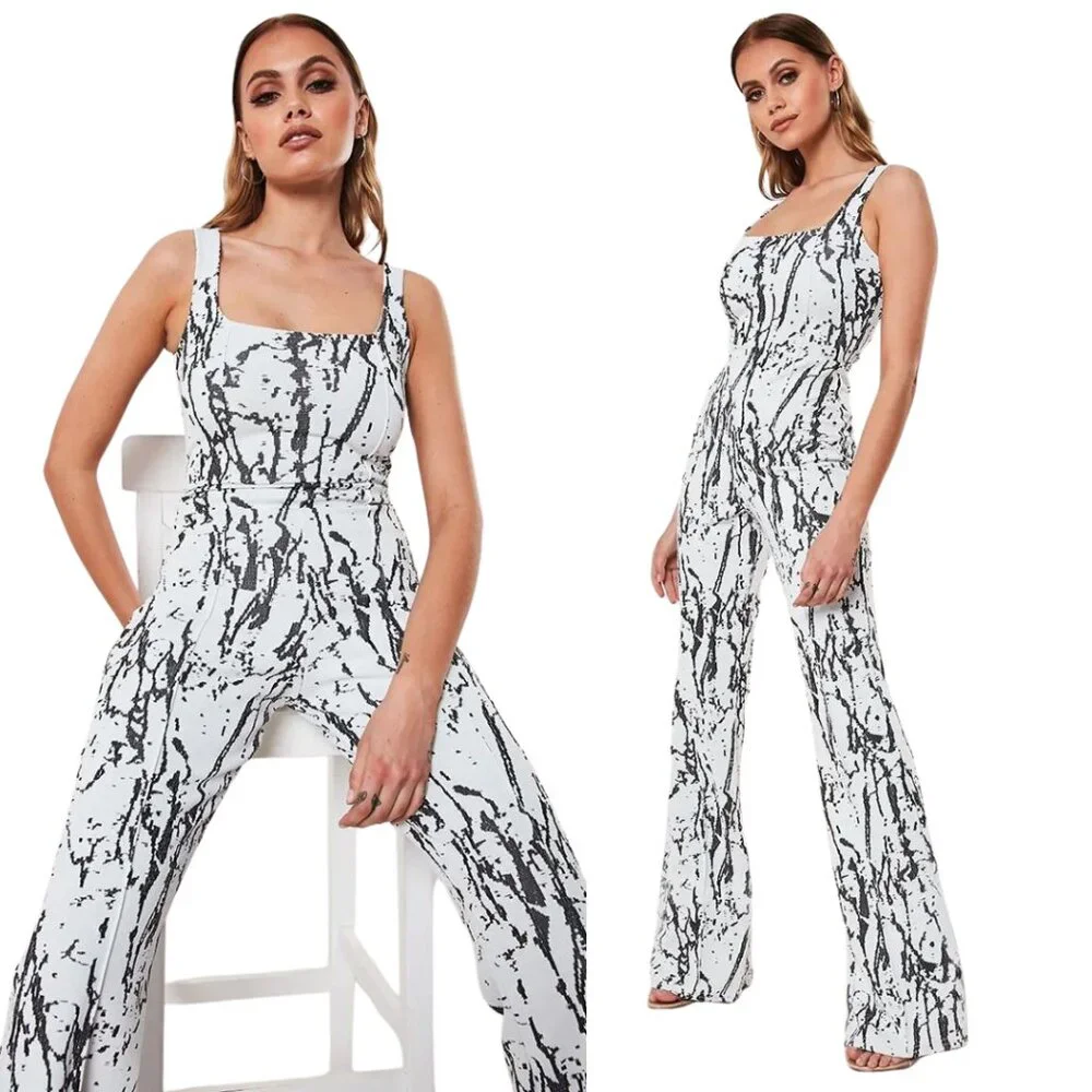 Misguided Black & White Marbled Print Square Neck Jumpsuit